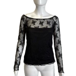 Elodie Sheer All Over Lace Floral Mesh Long Sleeve Top Womens Size Large Black